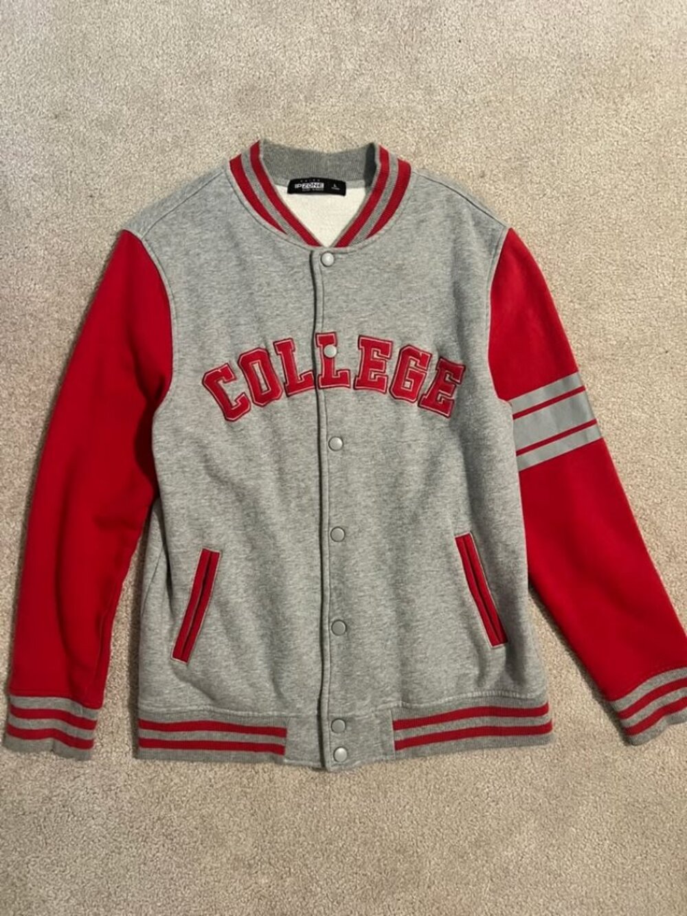 IP Zone Baleno Men's L Varsity Jacket Grey Red College Fleece Lined Snap Button